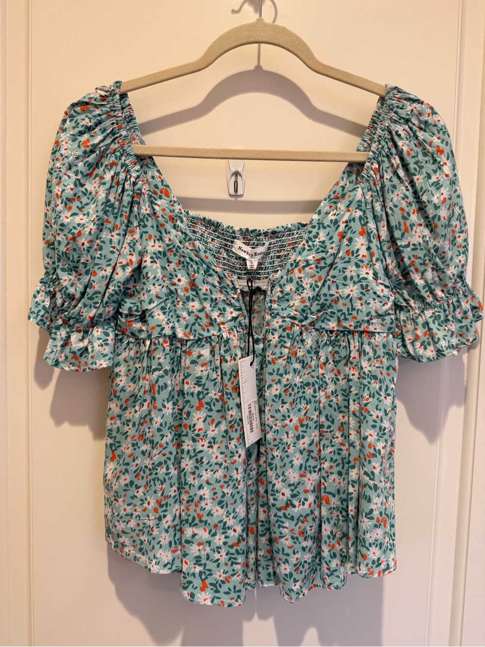 Newbury Kustom Teal Floral Puff-Sleeve Blouse